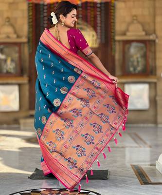 Teal blue paithani art silk blend woven jacquard saree 2
