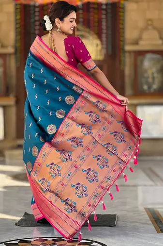 Teal blue paithani art silk blend woven jacquard saree