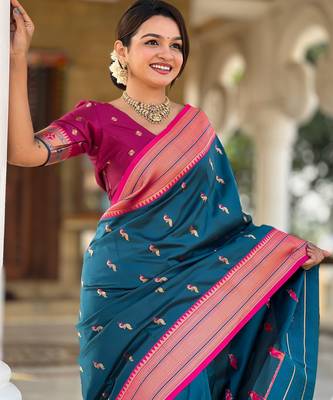 Teal blue paithani art silk blend woven jacquard saree 3