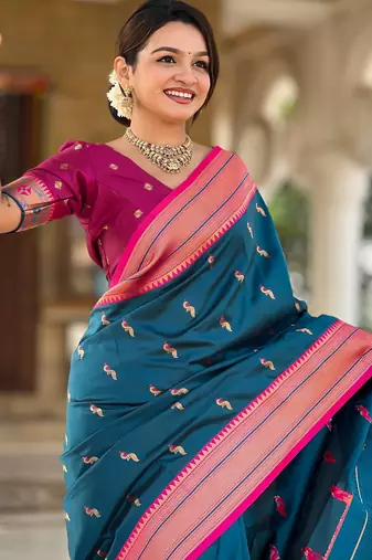 Teal blue paithani art silk blend woven jacquard saree