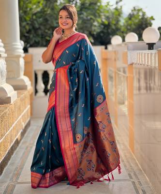 Teal blue paithani art silk blend woven jacquard saree 4
