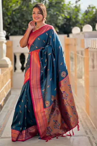 Teal blue paithani art silk blend woven jacquard saree