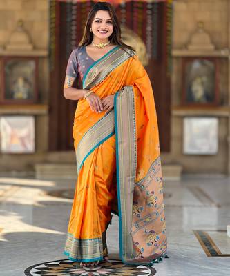 Mustard paithani art silk blend woven jacquard saree 1