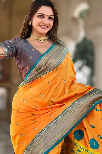 Mustard paithani art silk blend woven jacquard saree