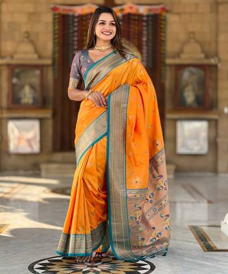 Mustard paithani art silk blend woven jacquard saree 4
