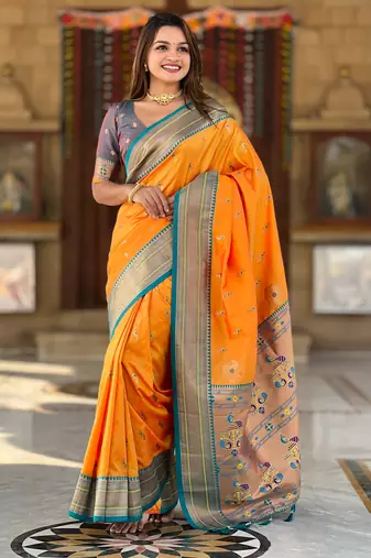 Mustard paithani art silk blend woven jacquard saree