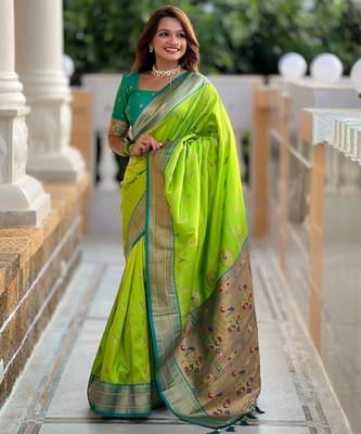 Parrot green paithani art silk blend woven jacquard saree 1
