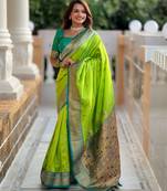 Parrot green paithani art silk woven jacquard saree