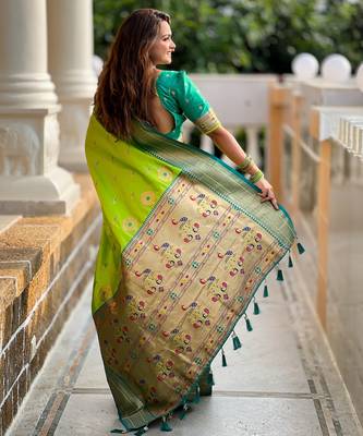 Parrot green paithani art silk blend woven jacquard saree 2