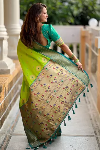 Parrot green paithani art silk blend woven jacquard saree