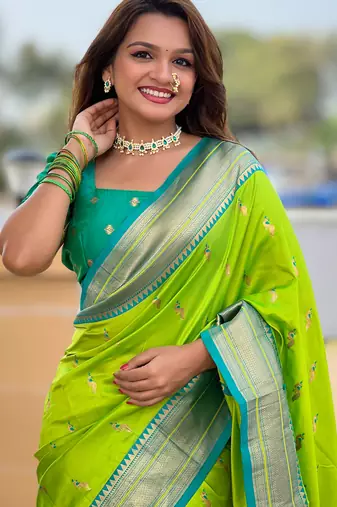 Parrot green paithani art silk blend woven jacquard saree