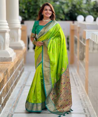 Parrot green paithani art silk blend woven jacquard saree 4