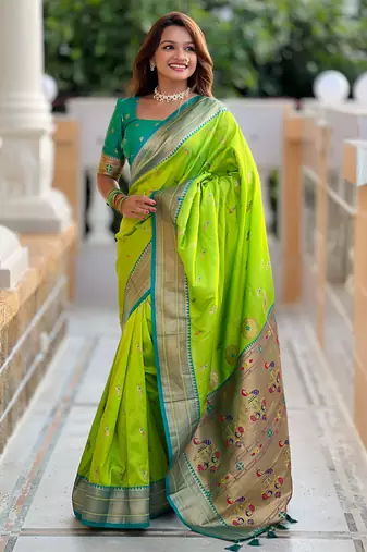 Parrot green paithani art silk blend woven jacquard saree