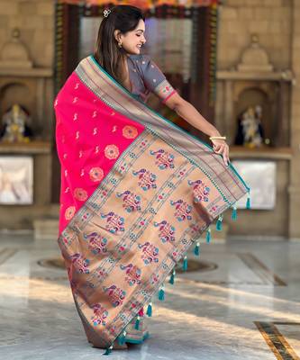 Pink paithani art silk blend woven jacquard saree 2