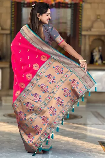 Pink paithani art silk blend woven jacquard saree