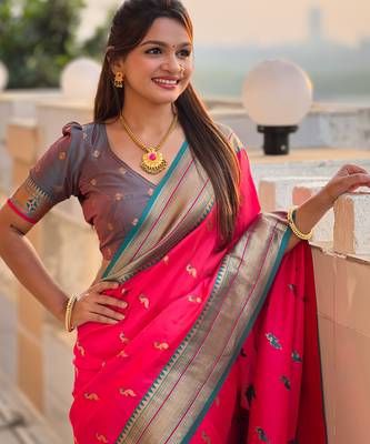 Pink paithani art silk blend woven jacquard saree 3