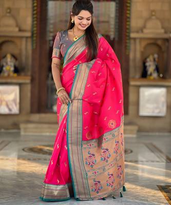 Pink paithani art silk blend woven jacquard saree 4