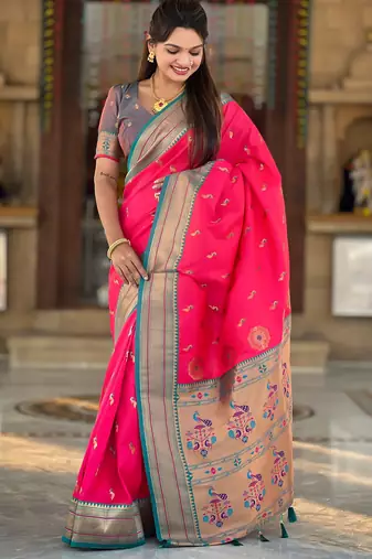 Pink paithani art silk blend woven jacquard saree