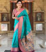 turquoise paithani art silk woven jacquard saree