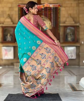 turquoise paithani art silk blend woven jacquard saree 2