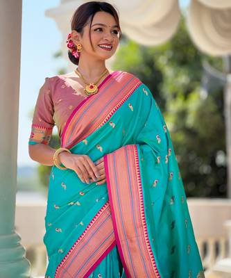 turquoise paithani art silk blend woven jacquard saree 3