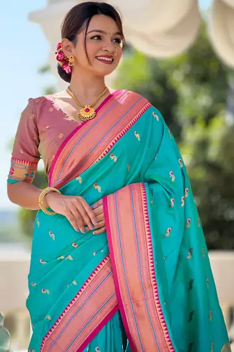 turquoise paithani art silk blend woven jacquard saree