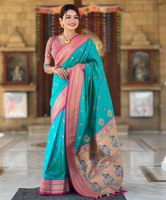 turquoise paithani art silk blend woven jacquard saree 4