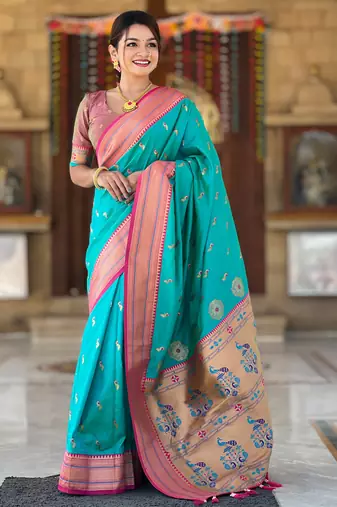 turquoise paithani art silk blend woven jacquard saree