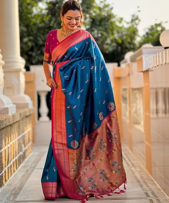Blue paithani art silk blend woven jacquard saree 4