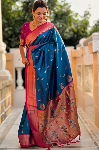 Blue paithani art silk blend woven jacquard saree