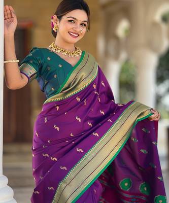 Wine paithani art silk blend woven jacquard saree 3