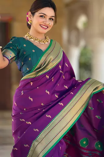 Wine paithani art silk blend woven jacquard saree