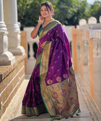 Wine paithani art silk blend woven jacquard saree 4
