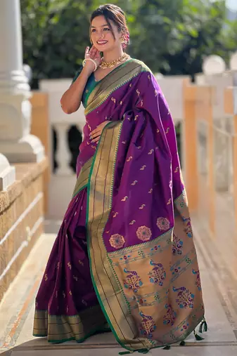 Wine paithani art silk blend woven jacquard saree