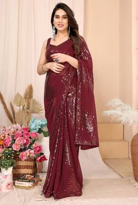 ready to wear maroon georgette sequins embroidered saree 1