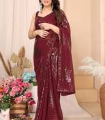 ready to wear maroon georgette sequins embroidered saree