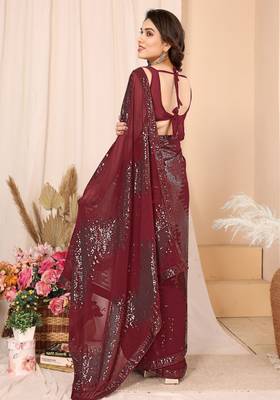 ready to wear maroon georgette sequins embroidered saree 3