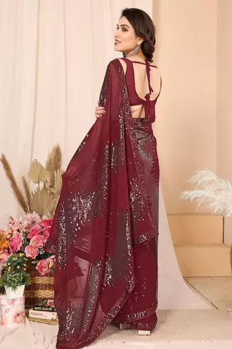 ready to wear maroon georgette sequins embroidered saree