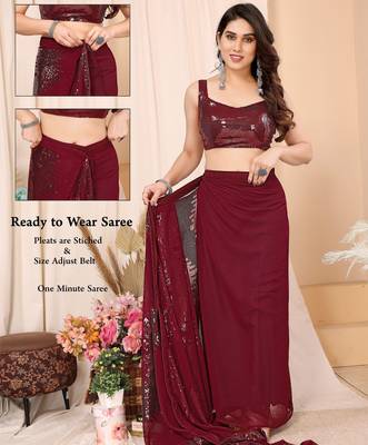 ready to wear maroon georgette sequins embroidered saree 4