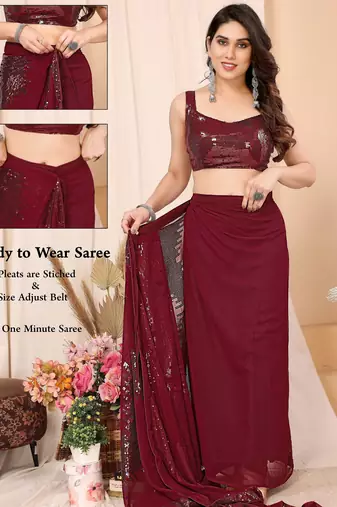 ready to wear maroon georgette sequins embroidered saree