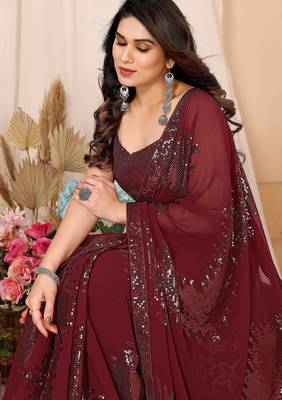 ready to wear maroon georgette sequins embroidered saree 5