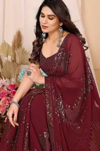 ready to wear maroon georgette sequins embroidered saree