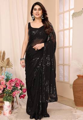 pre draped black georgette sequins embroidered saree 1