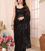 ready to wear black georgette sequins embroidered saree