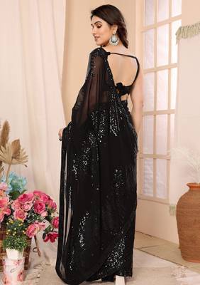 pre draped black georgette sequins embroidered saree 3