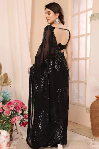 ready to wear black georgette sequins embroidered saree