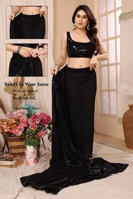 pre draped black georgette sequins embroidered saree 4