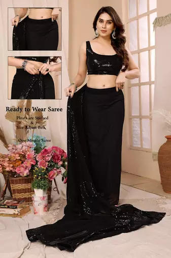 ready to wear black georgette sequins embroidered saree