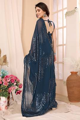 ready made teal georgette sequins embroidered saree 3