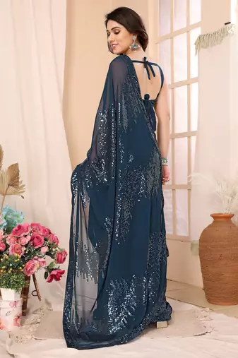 ready to wear teal georgette sequins embroidered saree
